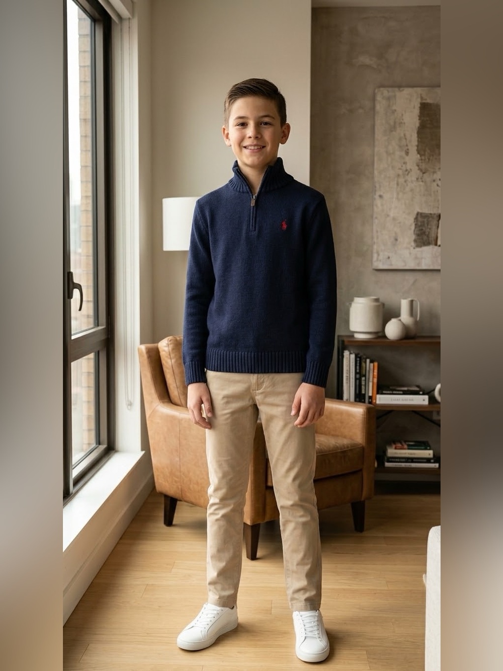 Polo Ralph Lauren Boys 10/12 Navy Cable Knit 1/4 Zip Red Pony Sweater